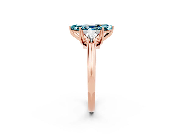 Rose gold Three-Stone Marquise Cut Cut Diamond Ring with Trillion Side Stones and Four-Prong Setting