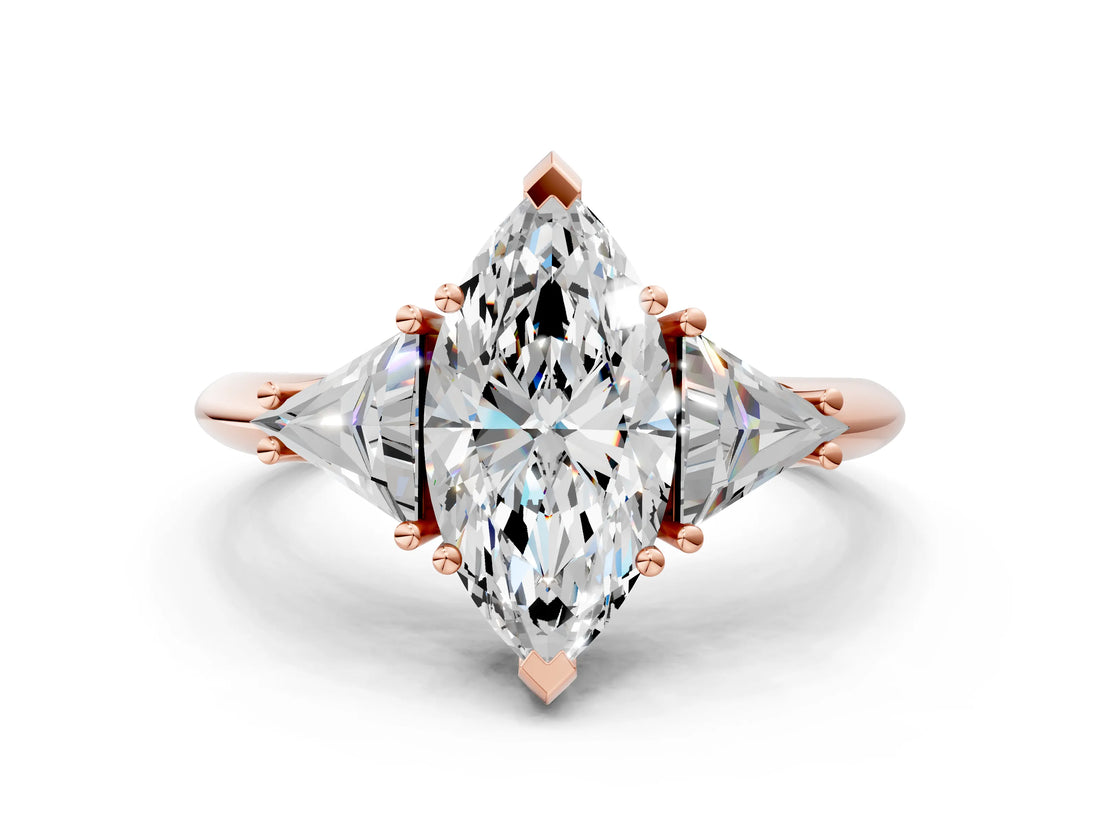 Rose gold Three-Stone Marquise Cut Cut Diamond Ring with Trillion Side Stones and Four-Prong Setting_3