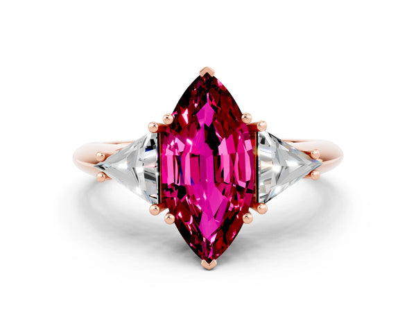 Rose gold Three-Stone Marquise Cut Garnet Engagement Ring with Trillion Side Stones and Prong Setting