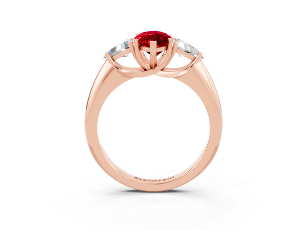 Rose gold Three-Stone Marquise Cut Ruby Engagement Ring with Trillion Side Stones and Prong Setting