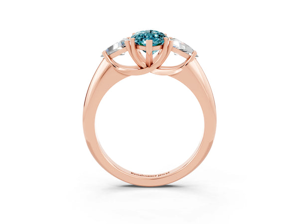 Rose gold Three-Stone Marquise Cut Cut Diamond Ring with Trillion Side Stones and Four-Prong Setting