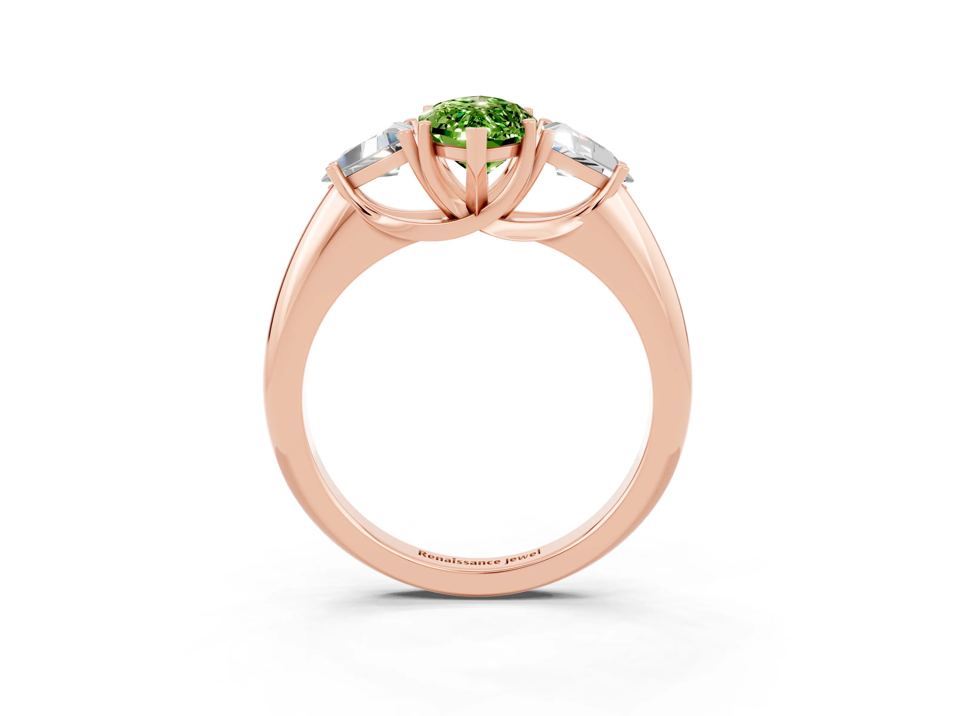 Rose gold Three-Stone Marquise Cut Cut Diamond Ring with Trillion Side Stones and Four-Prong Setting_3