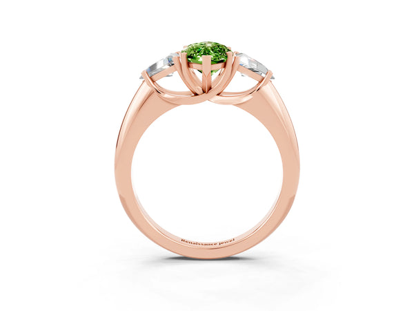 Rose gold Three-Stone Marquise Cut Cut Diamond Ring with Trillion Side Stones and Four-Prong Setting