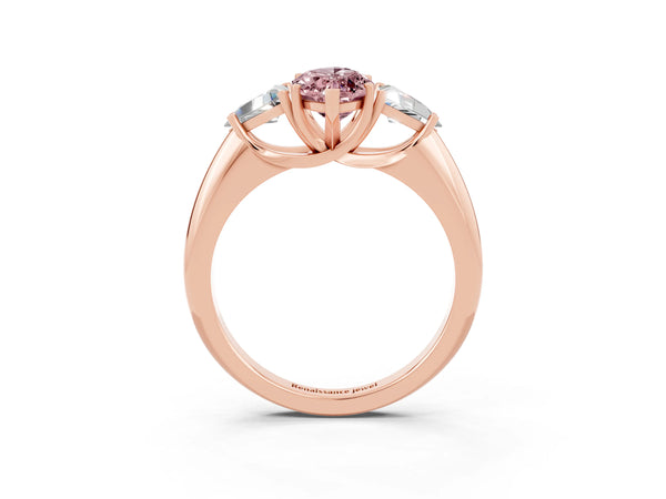 Rose gold Three-Stone Marquise Cut Cut Diamond Ring with Trillion Side Stones and Four-Prong Setting