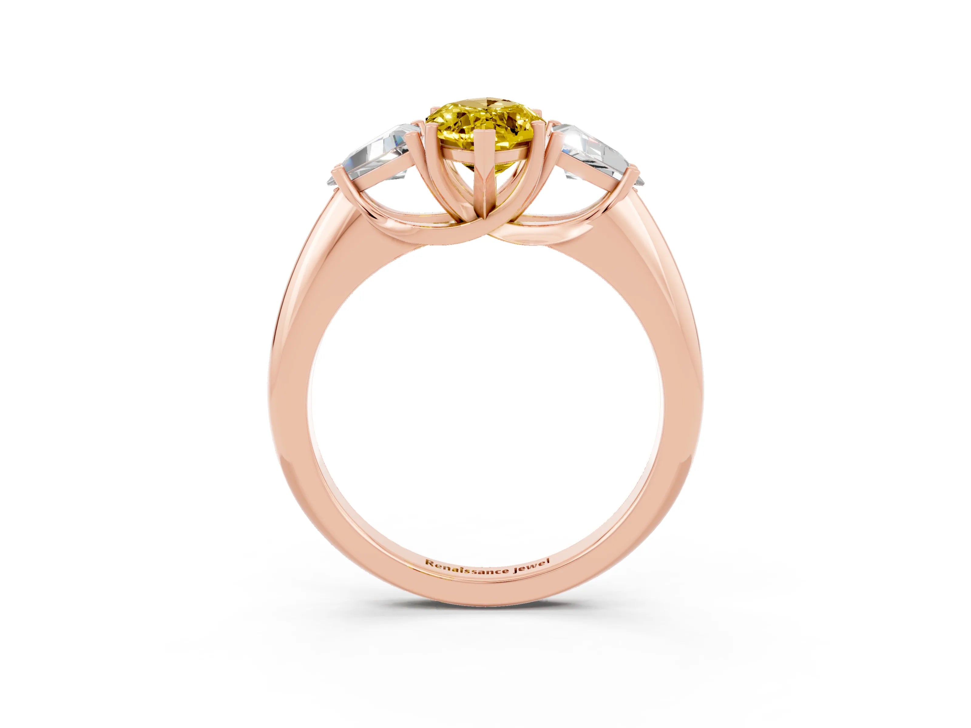 Rose gold Three-Stone Marquise Cut Cut Diamond Ring with Trillion Side Stones and Four-Prong Setting_3
