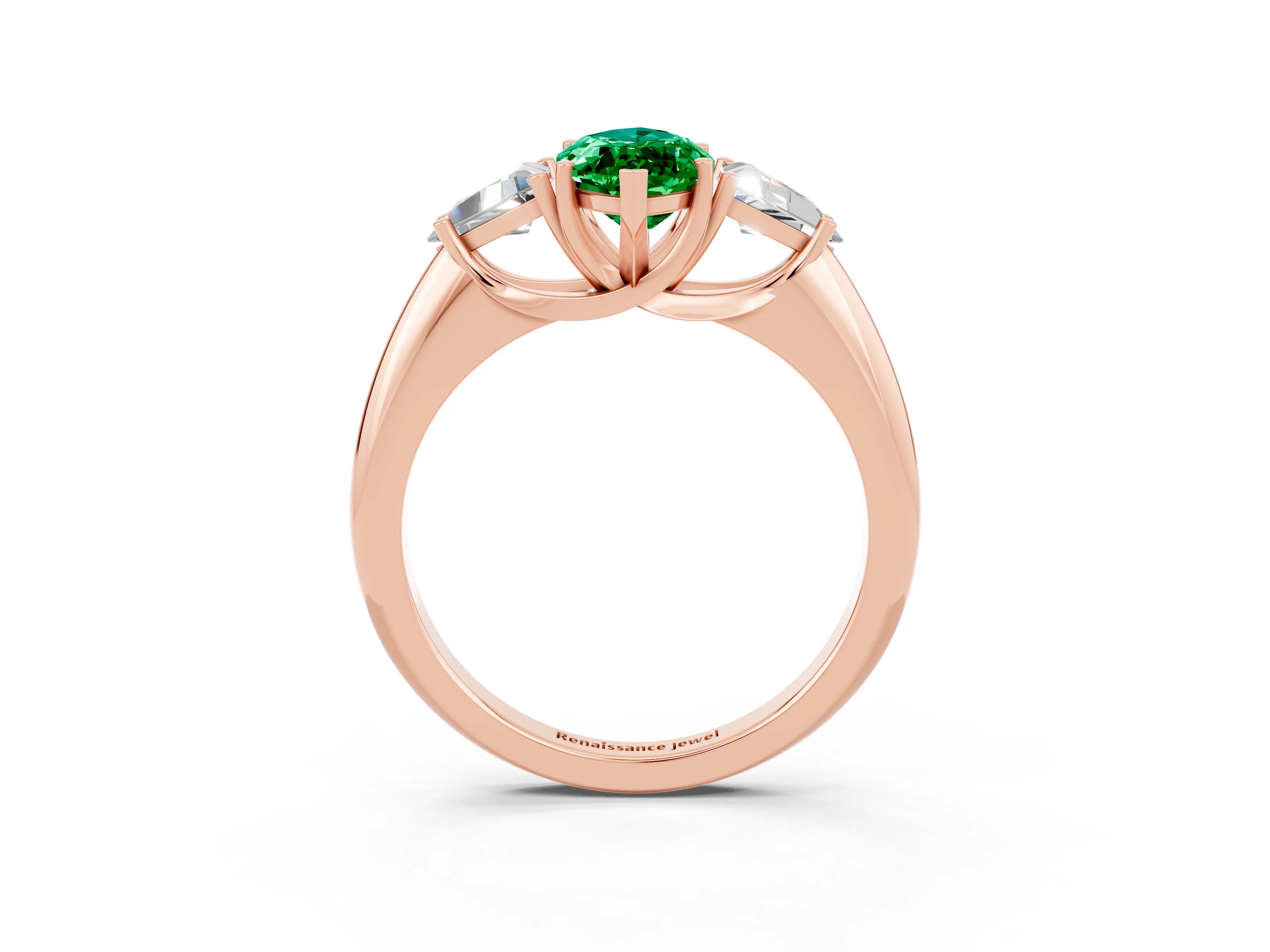 Rose gold Three-Stone Marquise Cut Cut Diamond Ring with Trillion Side Stones and Four-Prong Setting_3