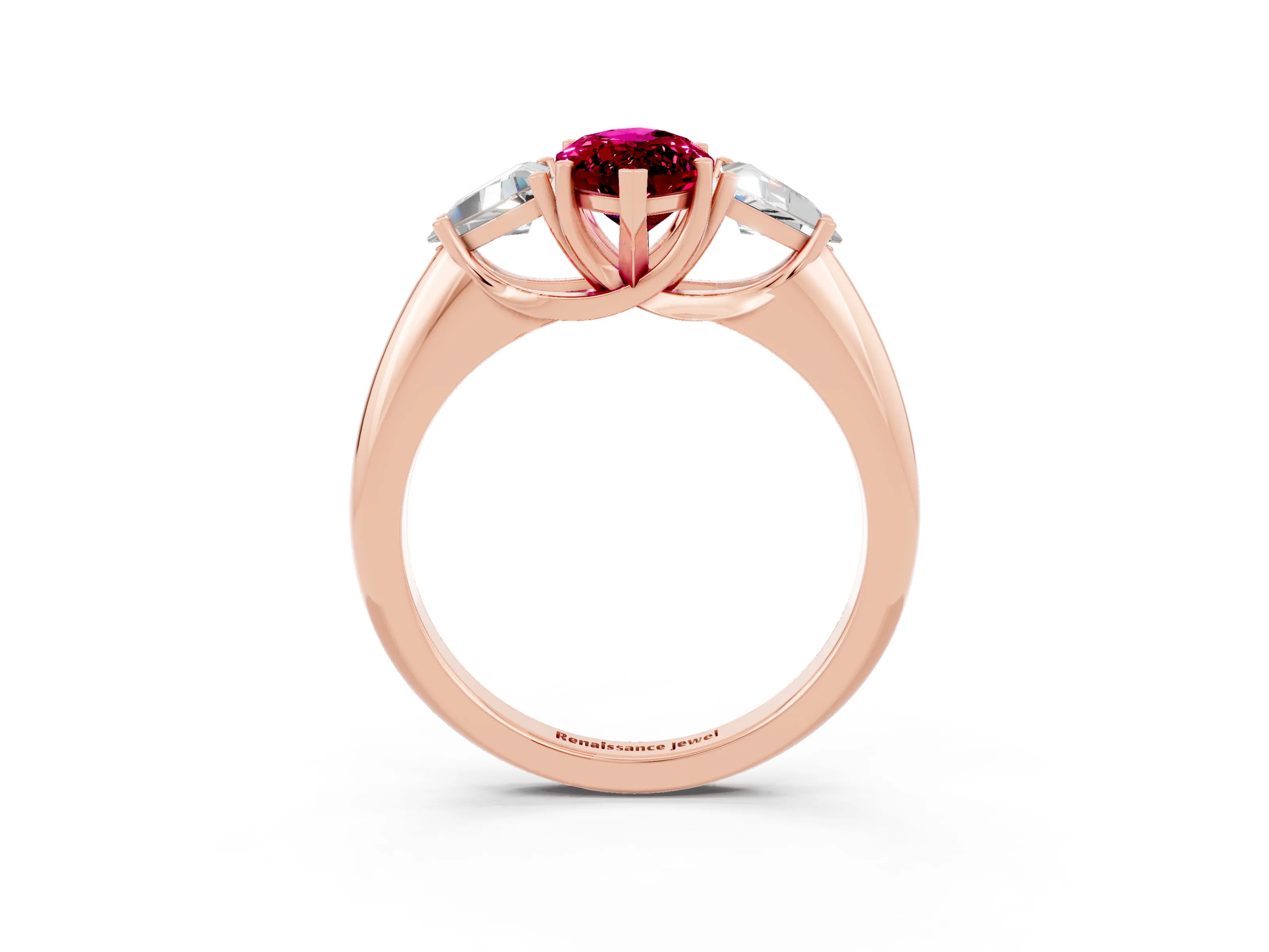 Rose gold Three-Stone Marquise Cut Cut Diamond Ring with Trillion Side Stones and Four-Prong Setting_3