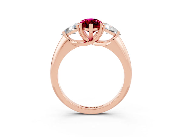 Rose gold Three-Stone Marquise Cut Garnet Engagement Ring with Trillion Side Stones and Prong Setting