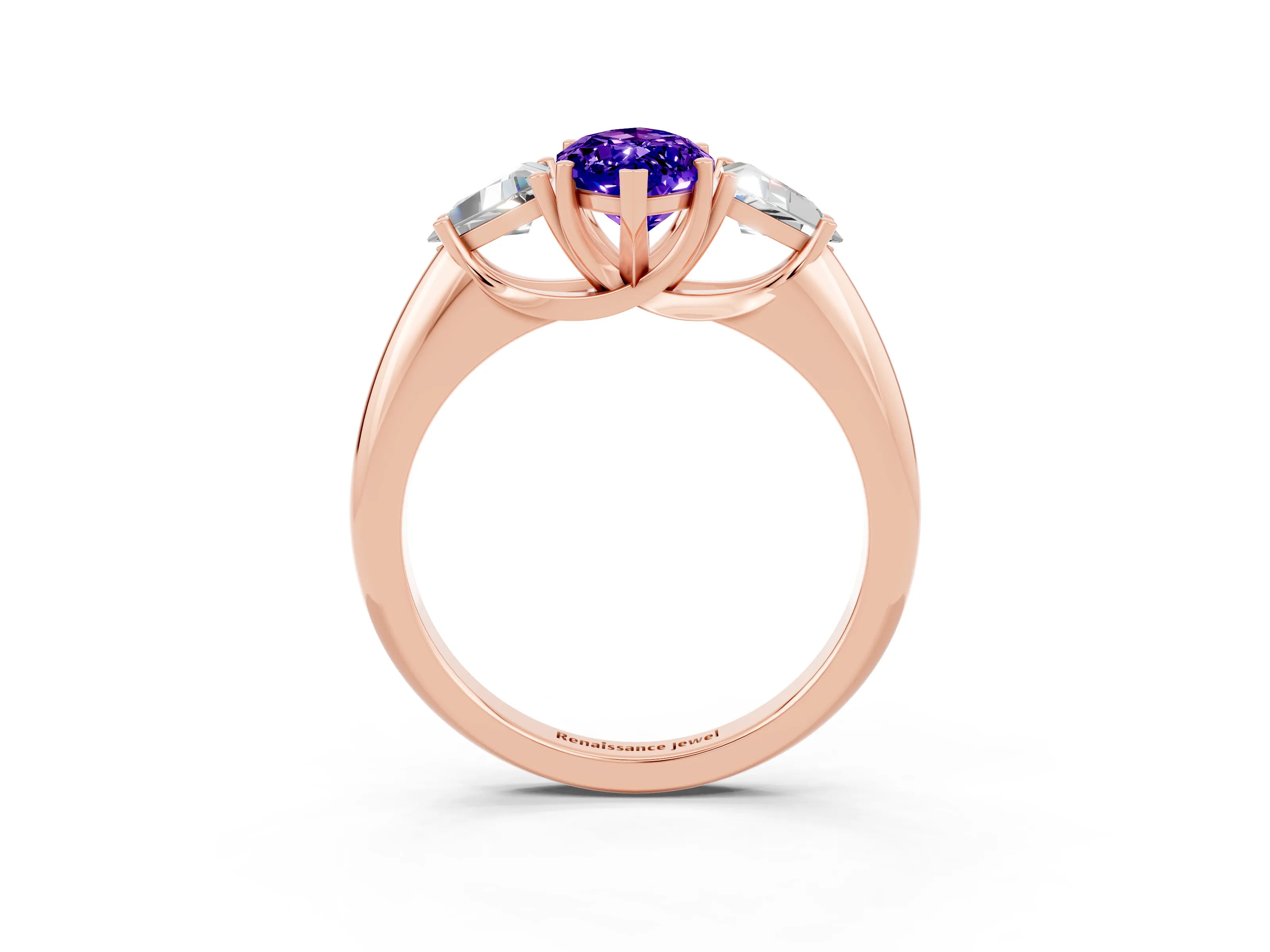 Rose gold Three-Stone Marquise Cut Cut Diamond Ring with Trillion Side Stones and Four-Prong Setting_3