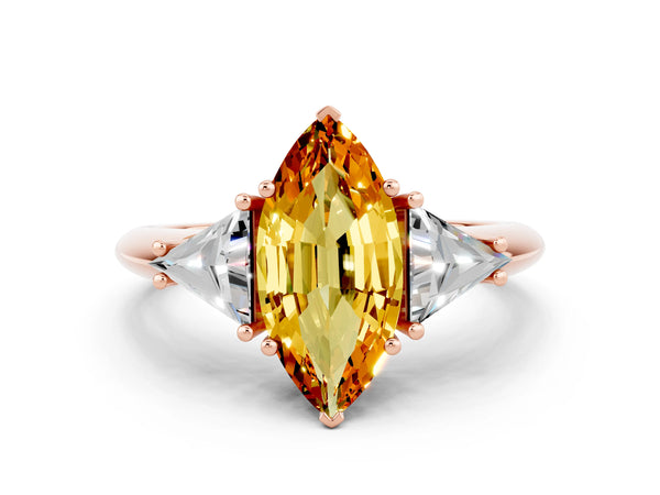 Rose gold Three-Stone Marquise Cut Citrine Engagement Ring with Trillion Side Stones and Prong Setting