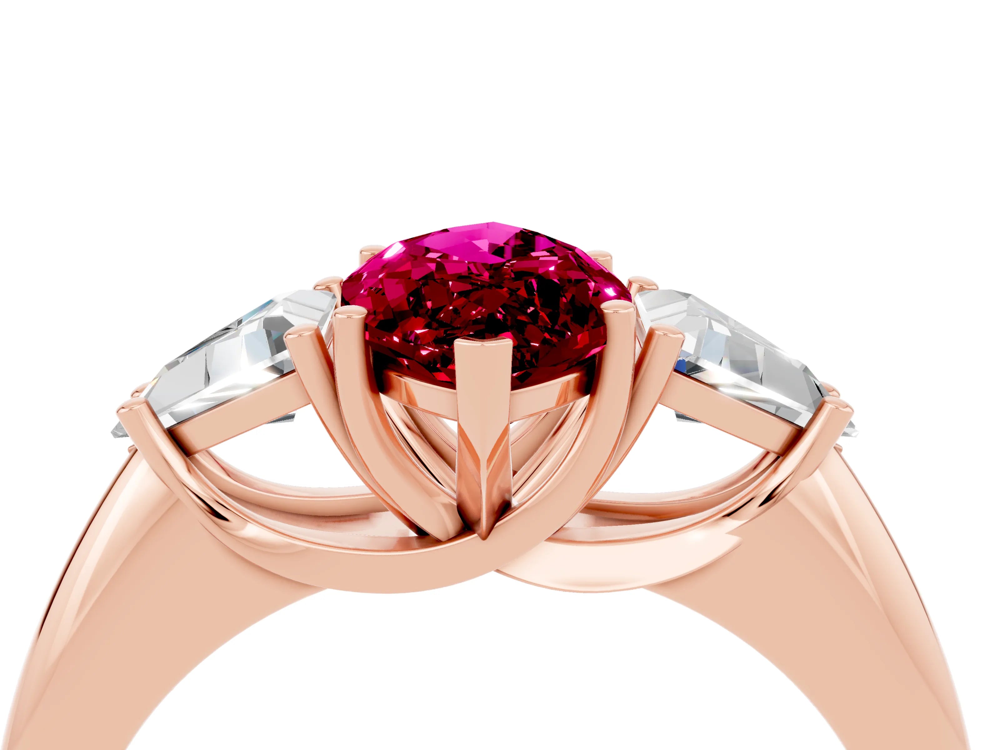 Rose gold Three-Stone Marquise Cut Cut Diamond Ring with Trillion Side Stones and Four-Prong Setting_4
