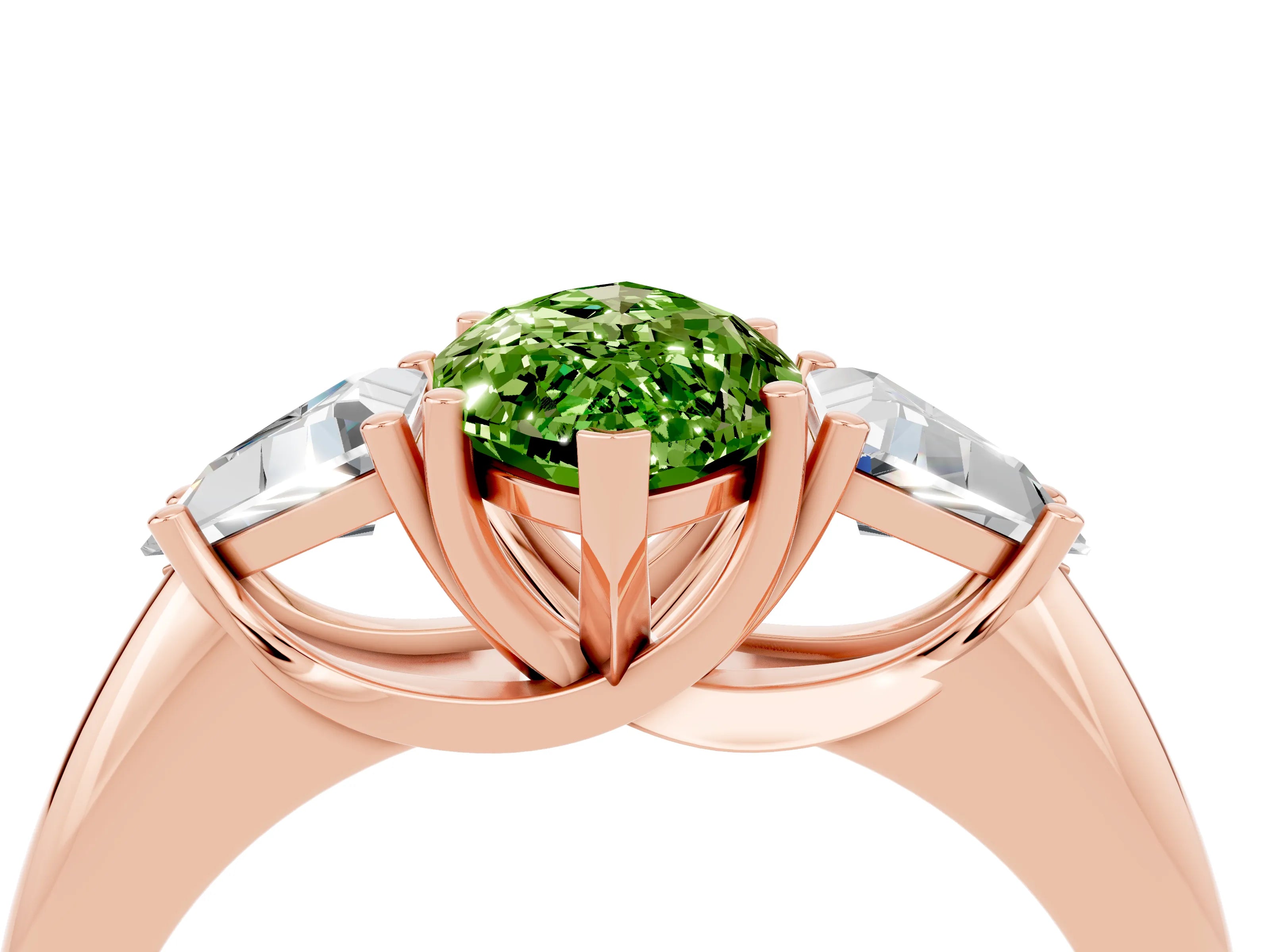 Rose gold Three-Stone Marquise Cut Cut Diamond Ring with Trillion Side Stones and Four-Prong Setting_4