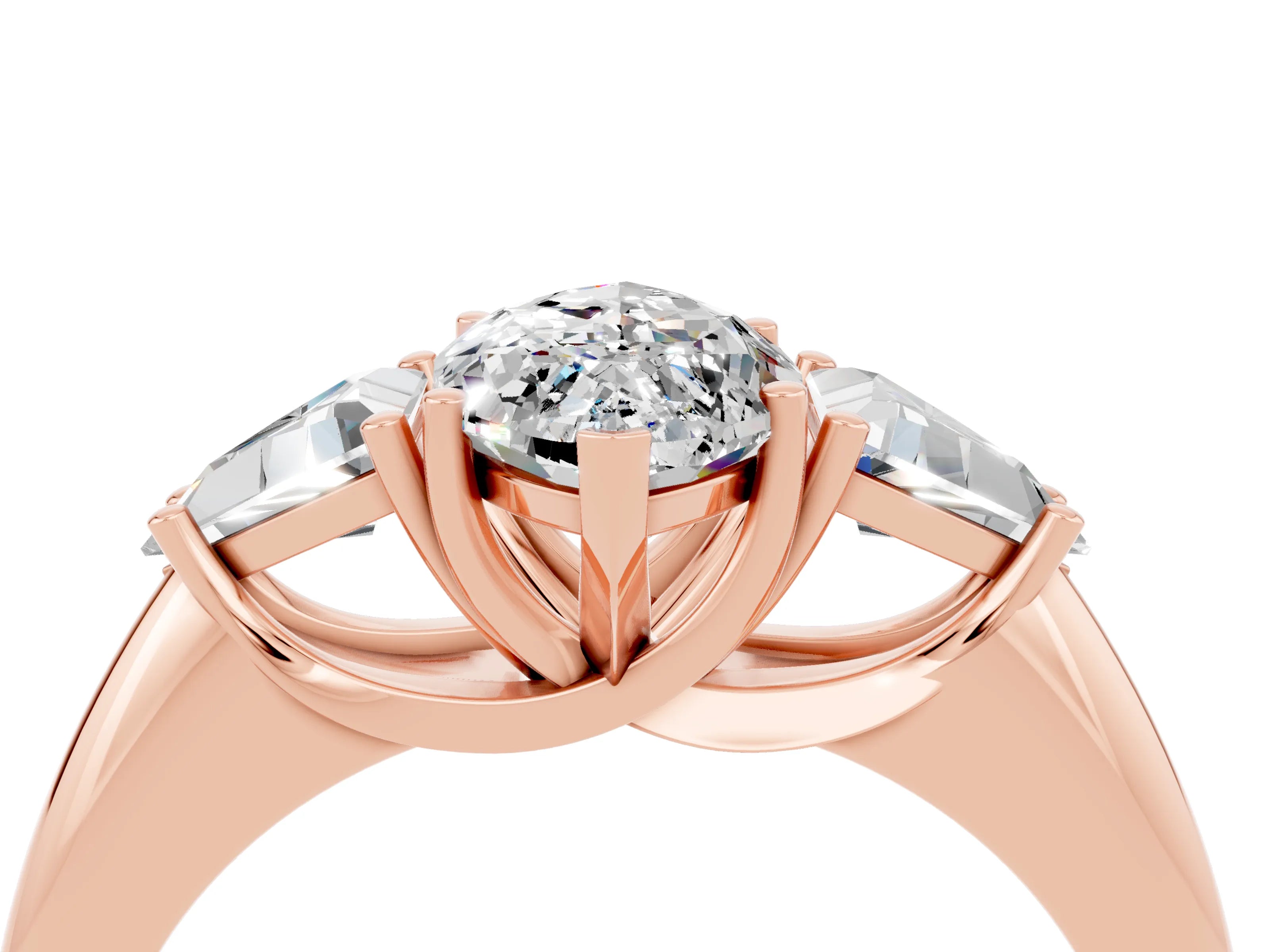 Rose gold Three-Stone Marquise Cut Cut Diamond Ring with Trillion Side Stones and Four-Prong Setting_4