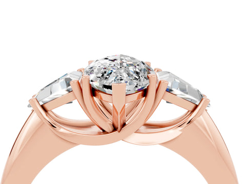 Rose gold Three-Stone Marquise Cut Cut Diamond Ring with Trillion Side Stones and Four-Prong Setting_4