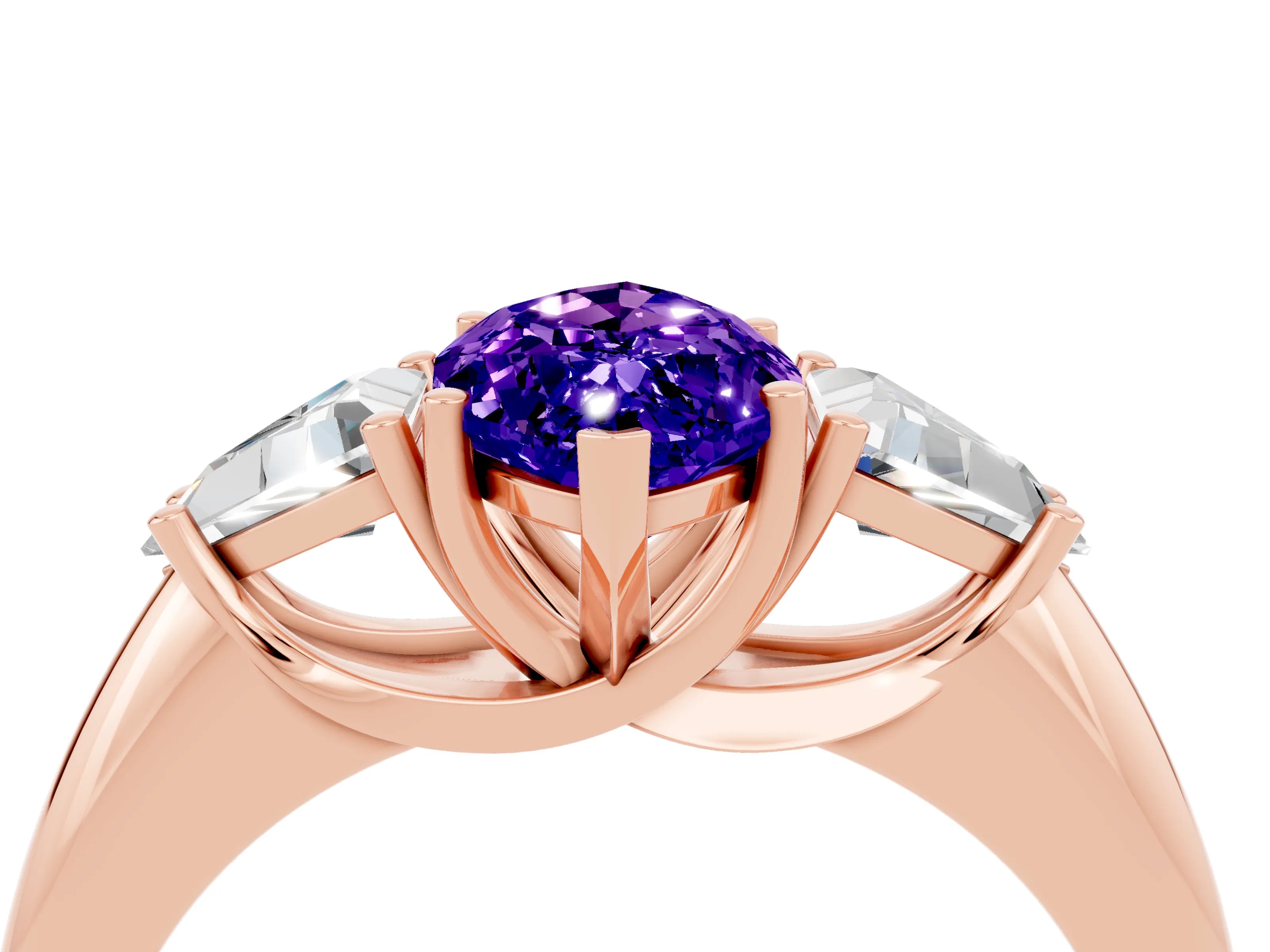Rose gold Three-Stone Marquise Cut Cut Diamond Ring with Trillion Side Stones and Four-Prong Setting_4