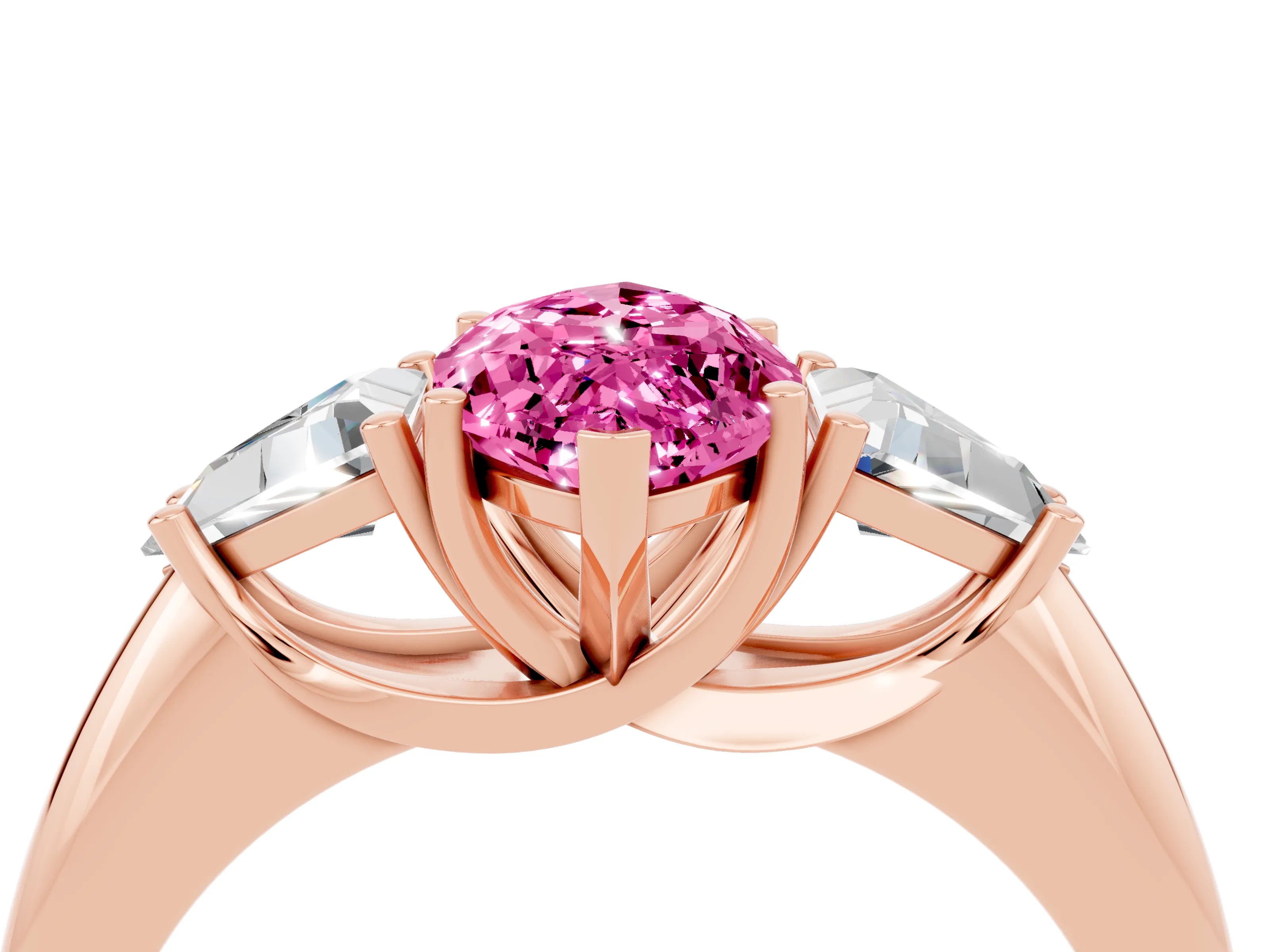 Rose gold Three-Stone Marquise Cut Cut Diamond Ring with Trillion Side Stones and Four-Prong Setting_4