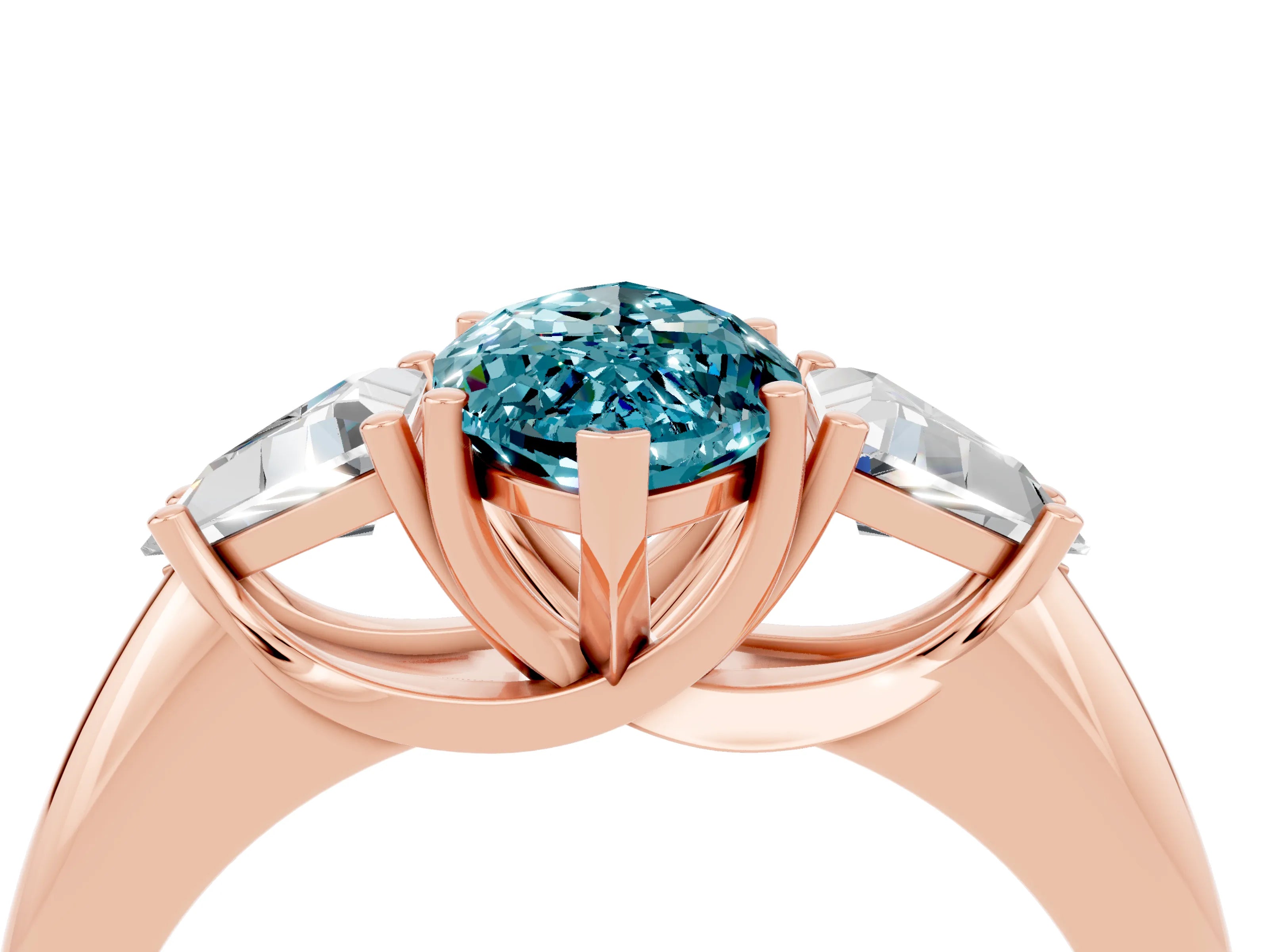 Rose gold Three-Stone Marquise Cut Cut Diamond Ring with Trillion Side Stones and Four-Prong Setting_4