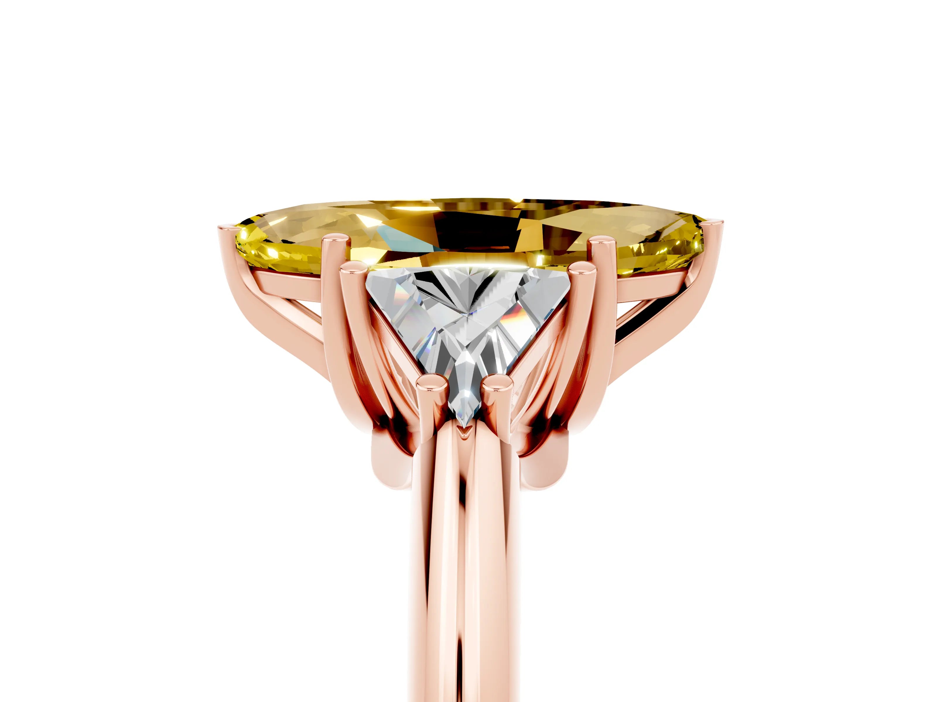 Rose gold Three-Stone Marquise Cut Cut Diamond Ring with Trillion Side Stones and Four-Prong Setting_5