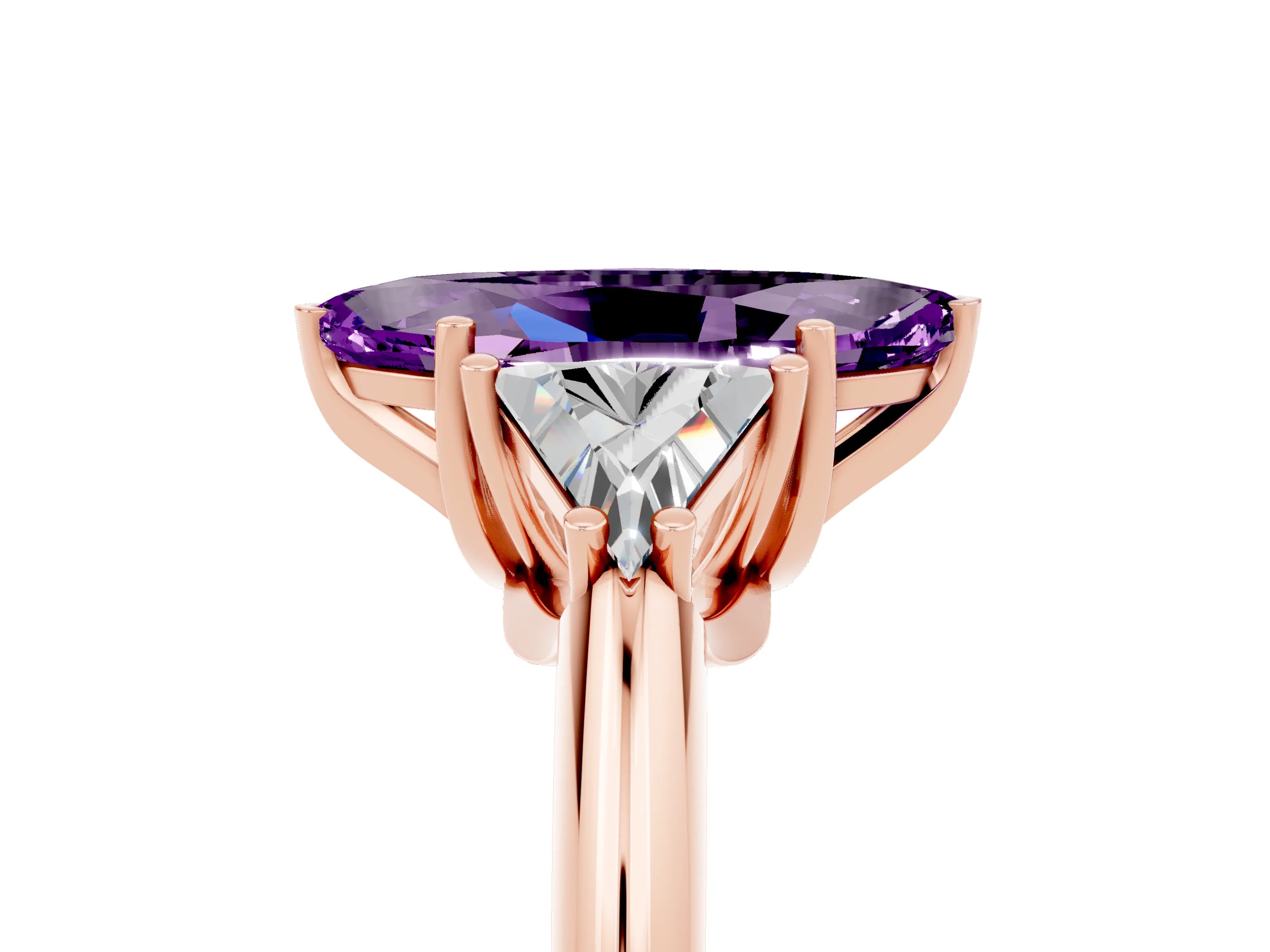 Rose gold Three-Stone Marquise Cut Cut Diamond Ring with Trillion Side Stones and Four-Prong Setting_5