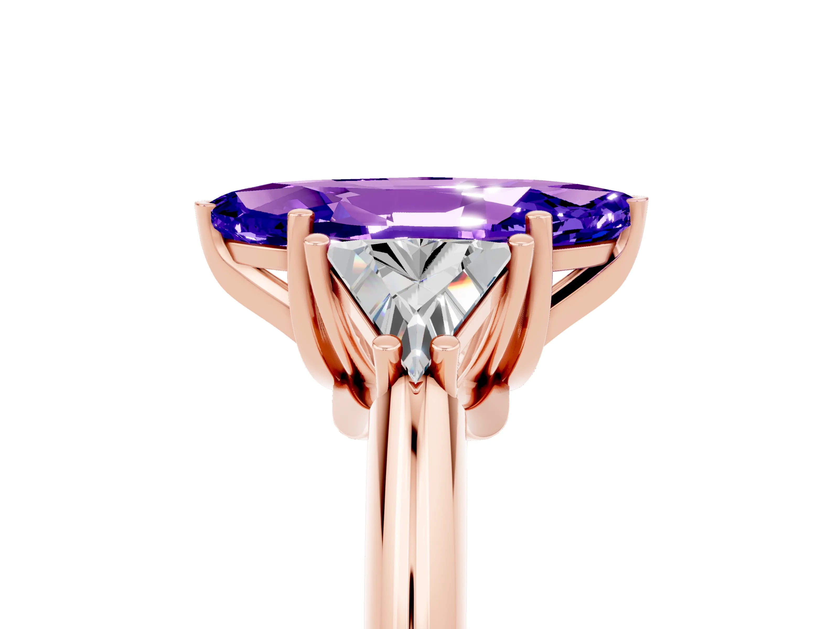 Rose gold Three-Stone Marquise Cut Cut Diamond Ring with Trillion Side Stones and Four-Prong Setting_5