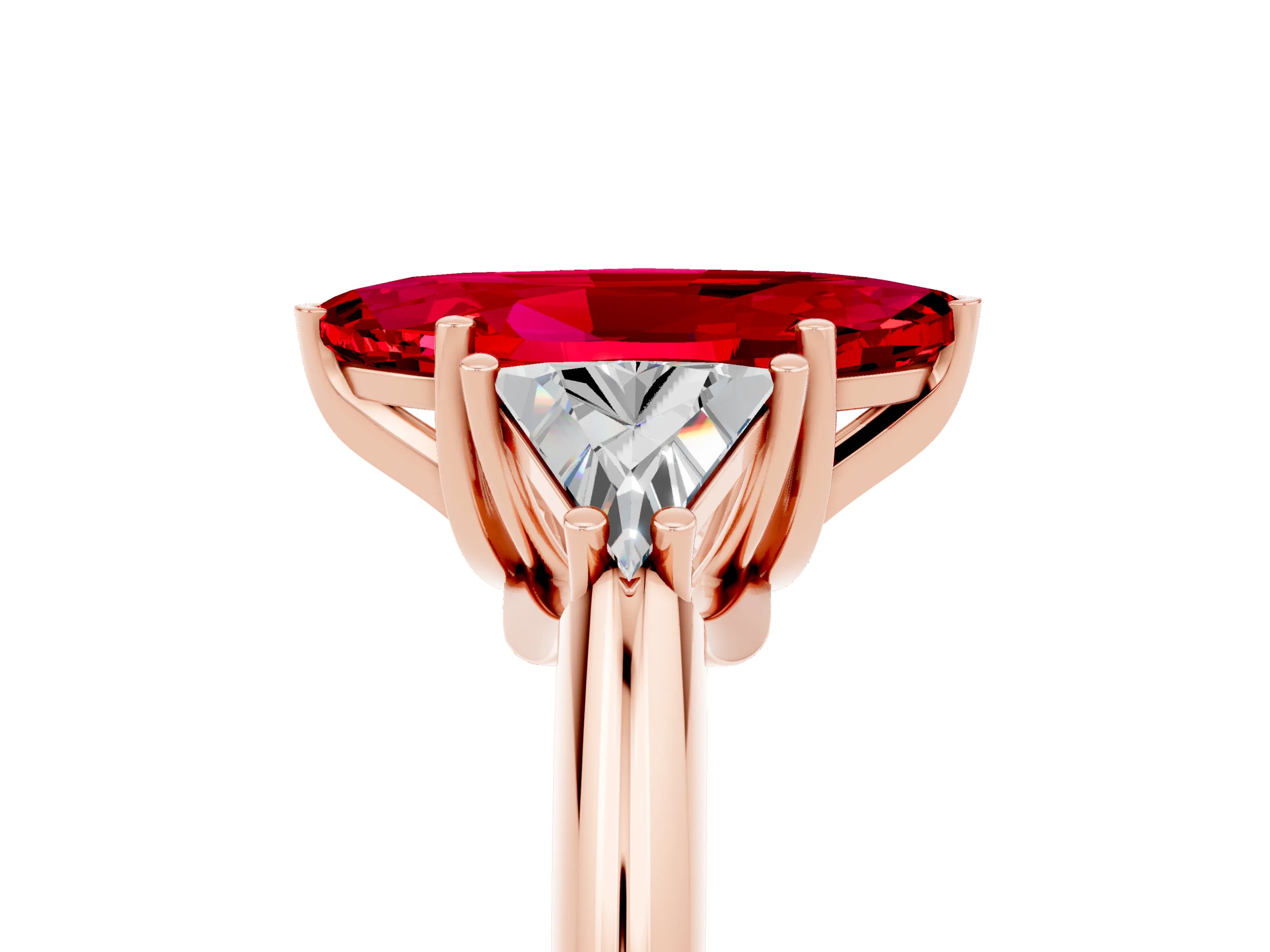 Rose gold Three-Stone Marquise Cut Cut Diamond Ring with Trillion Side Stones and Four-Prong Setting_5
