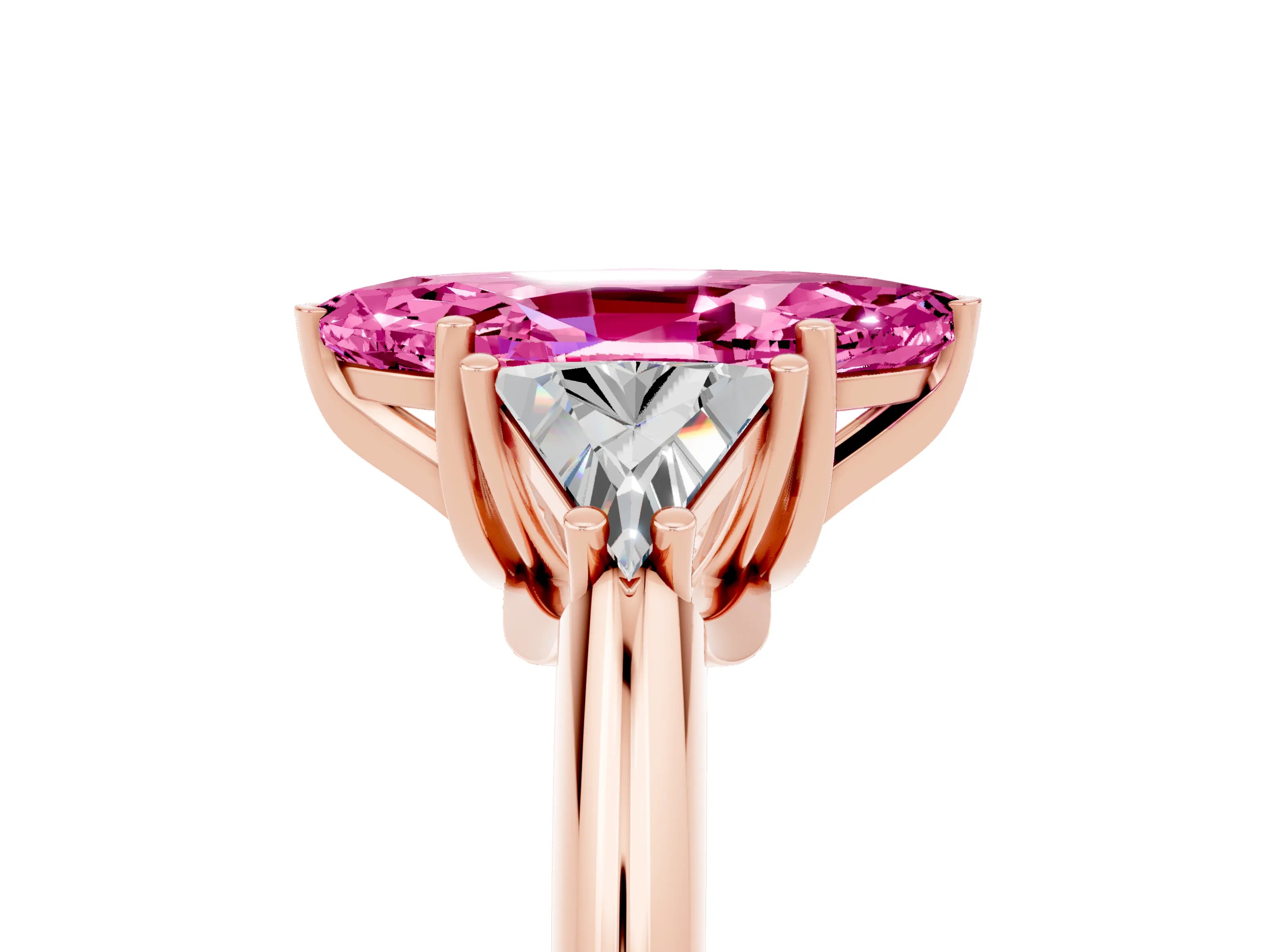 Rose gold Three-Stone Marquise Cut Cut Diamond Ring with Trillion Side Stones and Four-Prong Setting_5