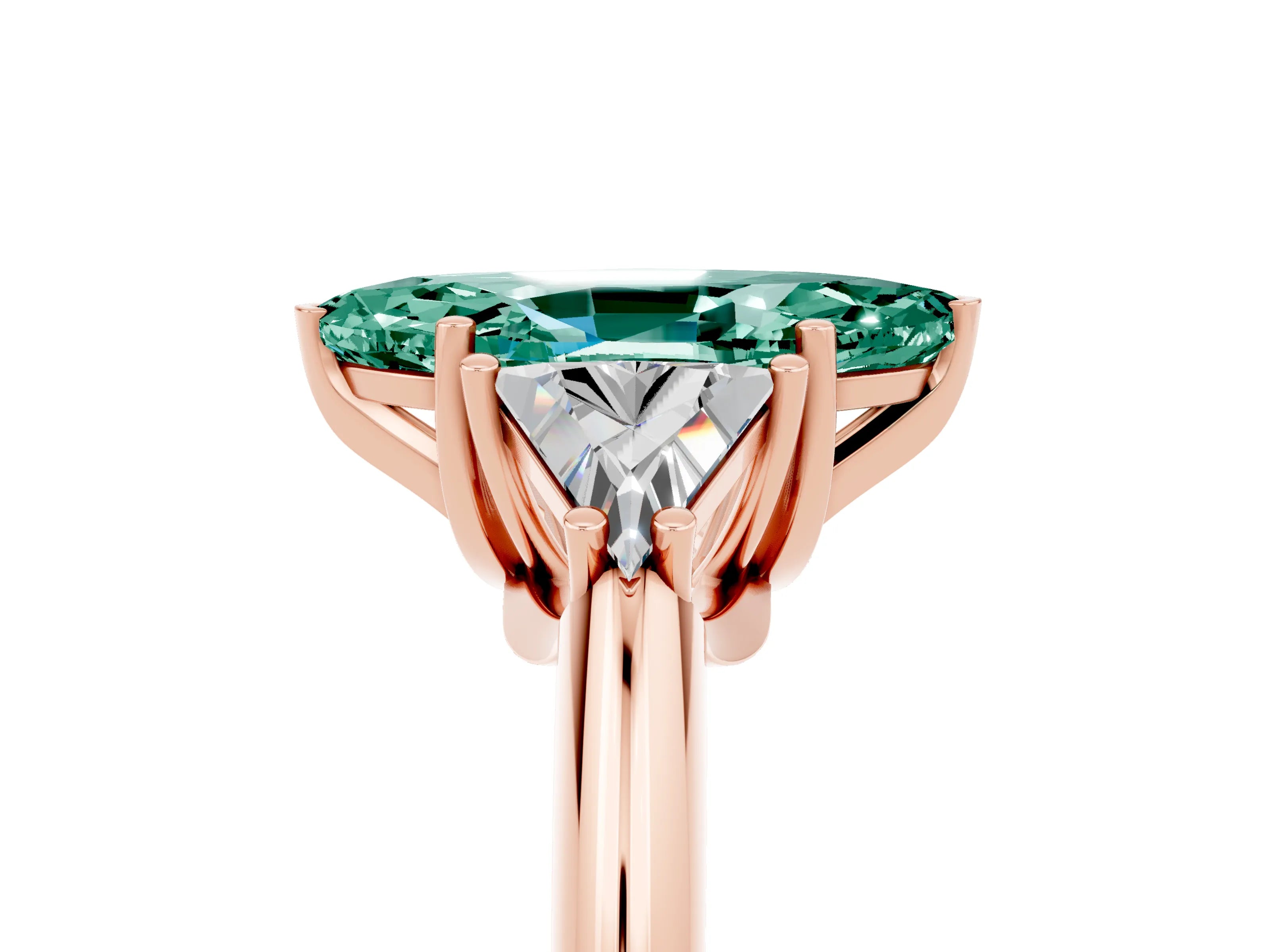Rose gold Three-Stone Marquise Cut Cut Diamond Ring with Trillion Side Stones and Four-Prong Setting_5