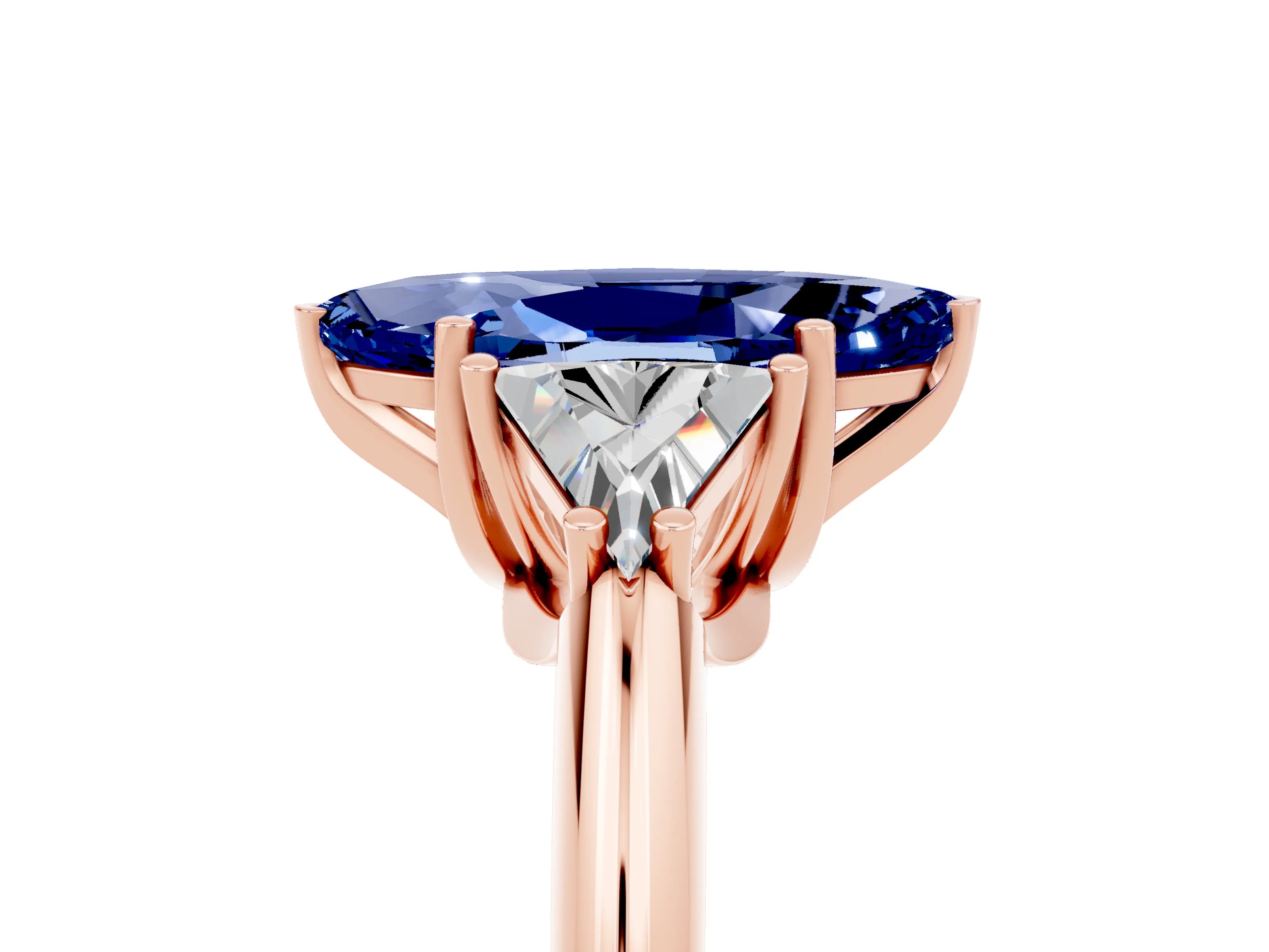 Rose gold Three-Stone Marquise Cut Cut Diamond Ring with Trillion Side Stones and Four-Prong Setting_5