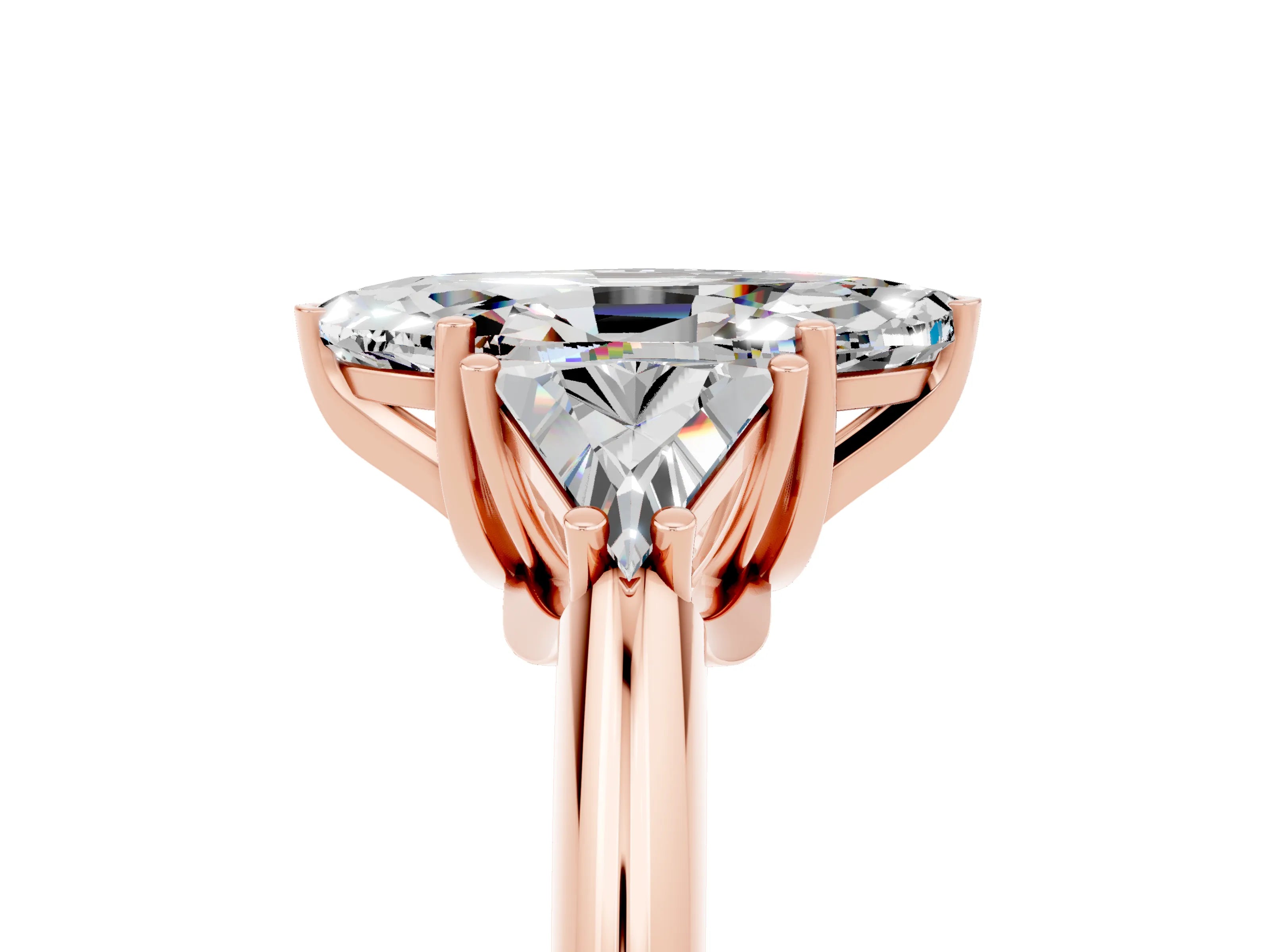 Rose gold Three-Stone Marquise Cut Cut Diamond Ring with Trillion Side Stones and Four-Prong Setting_5