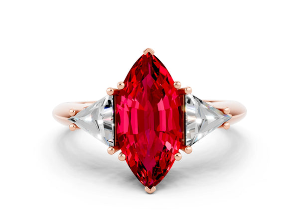 Rose gold Three-Stone Marquise Cut Ruby Engagement Ring with Trillion Side Stones and Prong Setting