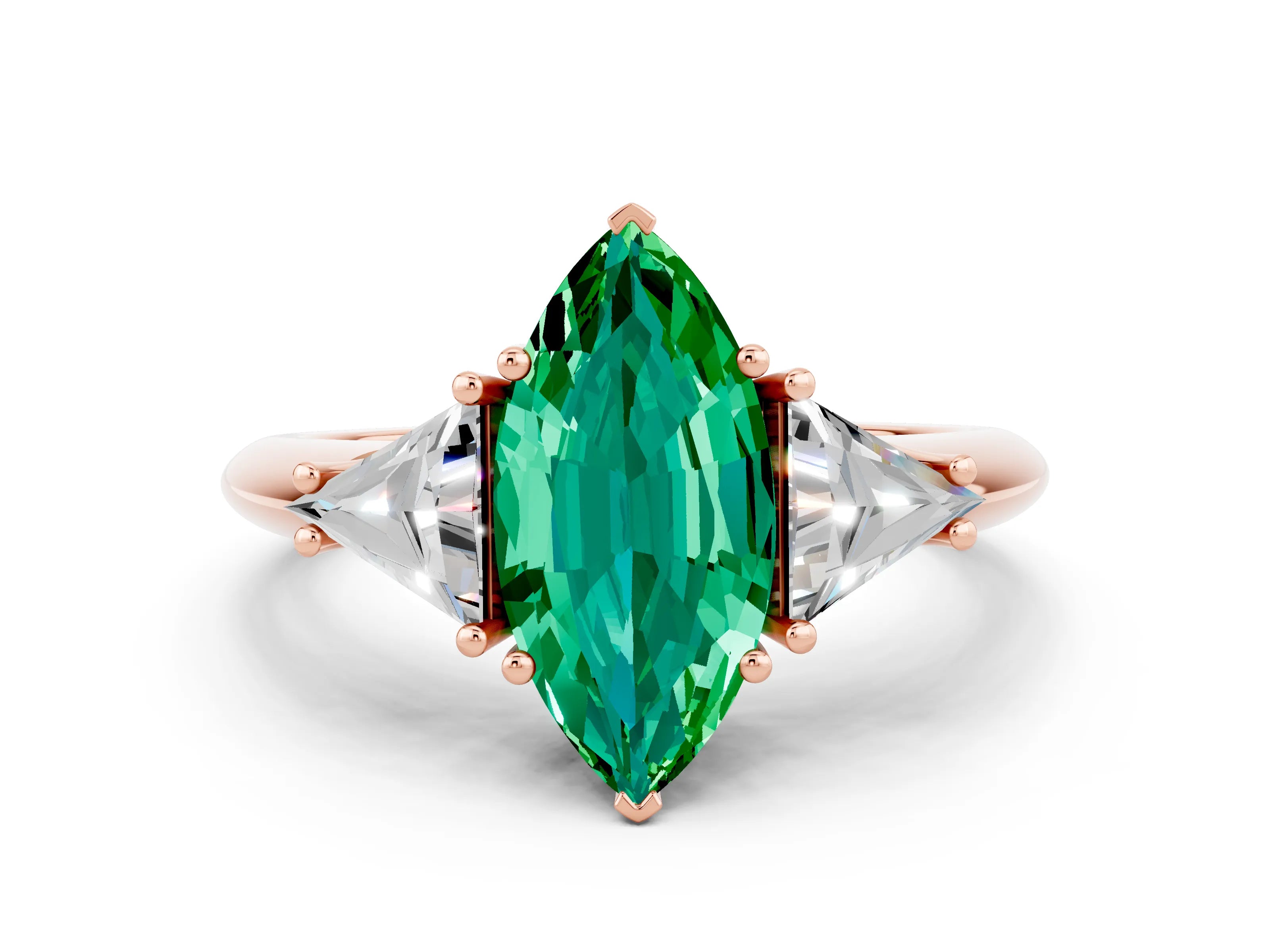 Rose gold Three-Stone Marquise Cut Cut Diamond Ring with Trillion Side Stones and Four-Prong Setting