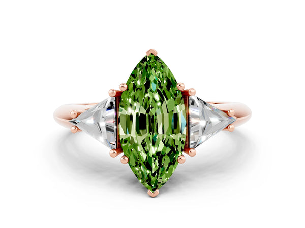 Rose gold Three-Stone Marquise Cut Cut Diamond Ring with Trillion Side Stones and Four-Prong Setting