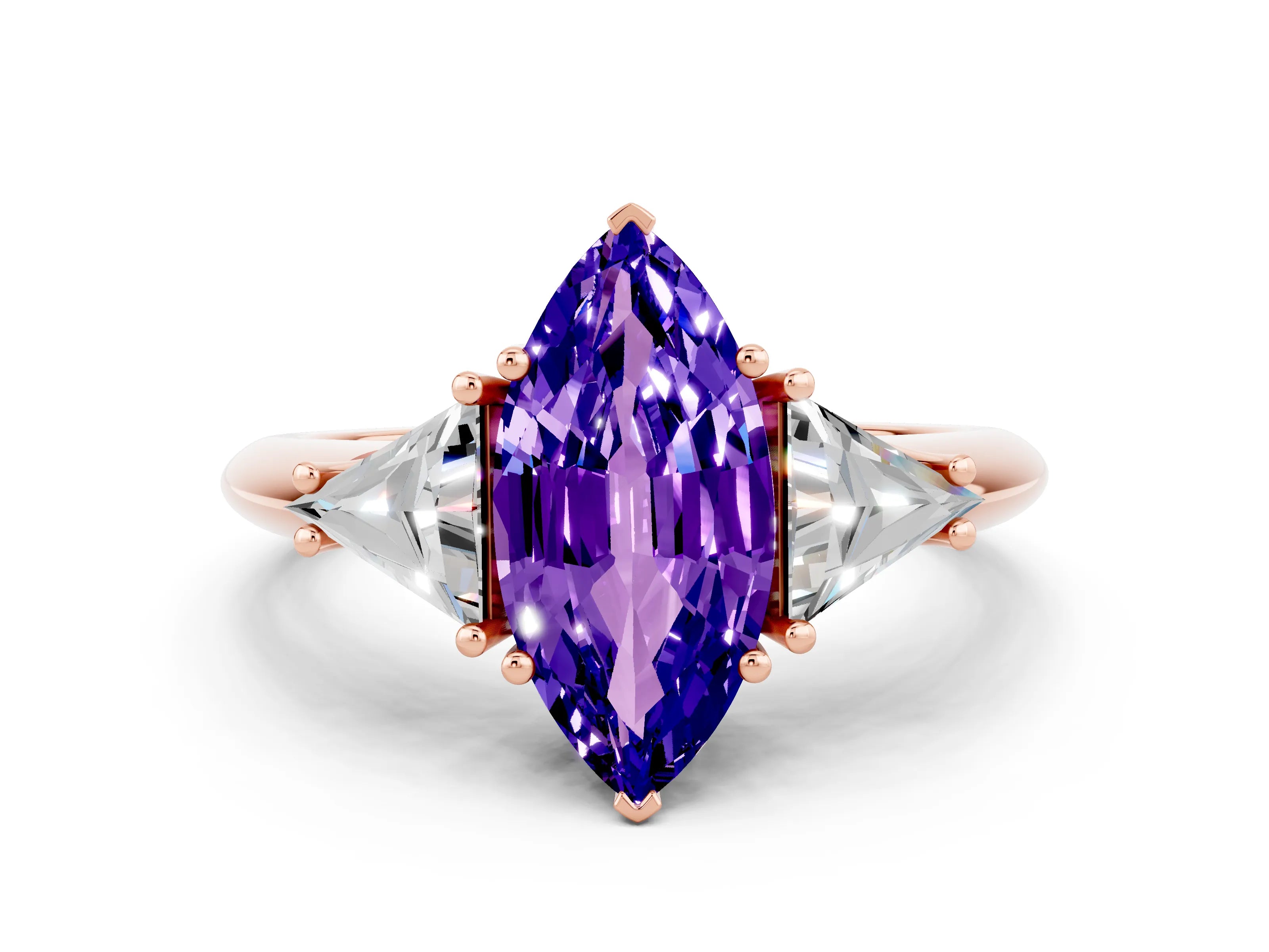 Rose gold Three-Stone Marquise Cut Cut Diamond Ring with Trillion Side Stones and Four-Prong Setting