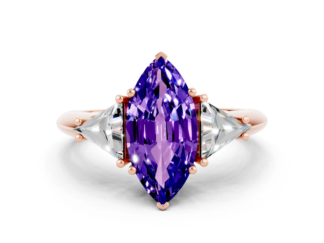 Rose gold Three-Stone Marquise Cut Cut Diamond Ring with Trillion Side Stones and Four-Prong Setting