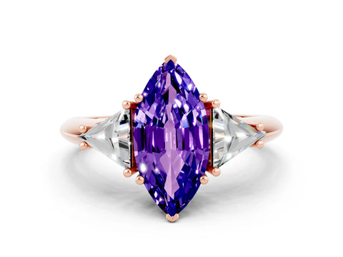 Rose gold Three-Stone Marquise Cut Cut Diamond Ring with Trillion Side Stones and Four-Prong Setting