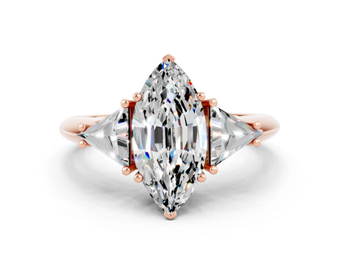 Rose gold Three-Stone Marquise Cut Cut Diamond Ring with Trillion Side Stones and Four-Prong Setting