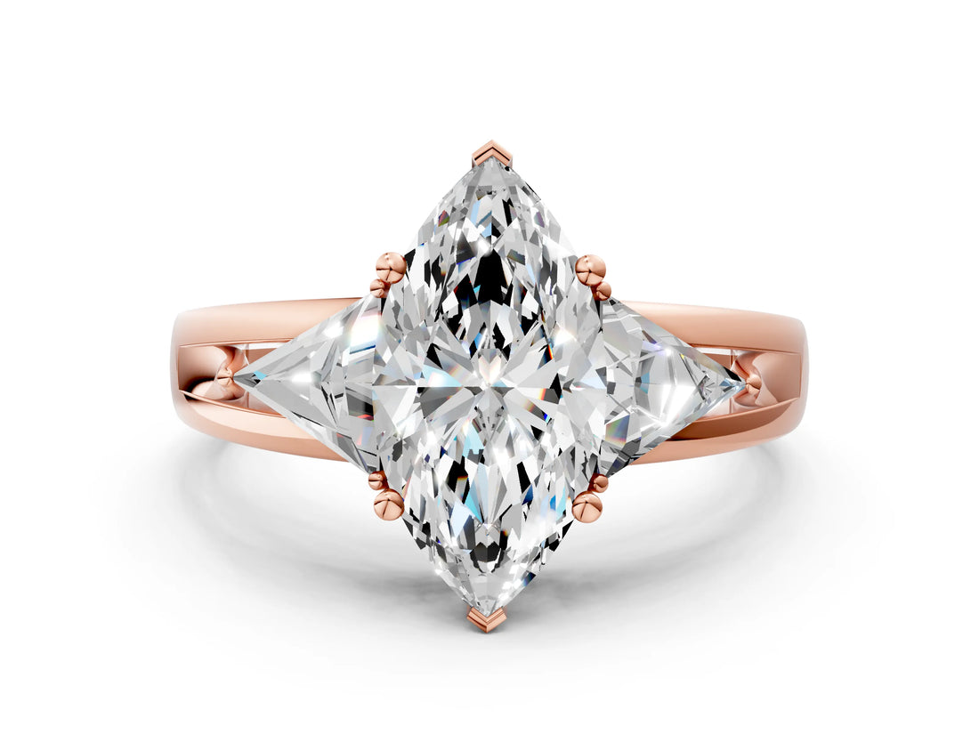 Rose gold Three-Stone Marquise Cut Cut Diamond Ring with Trillion Side Stones on a Split Shank Band_13