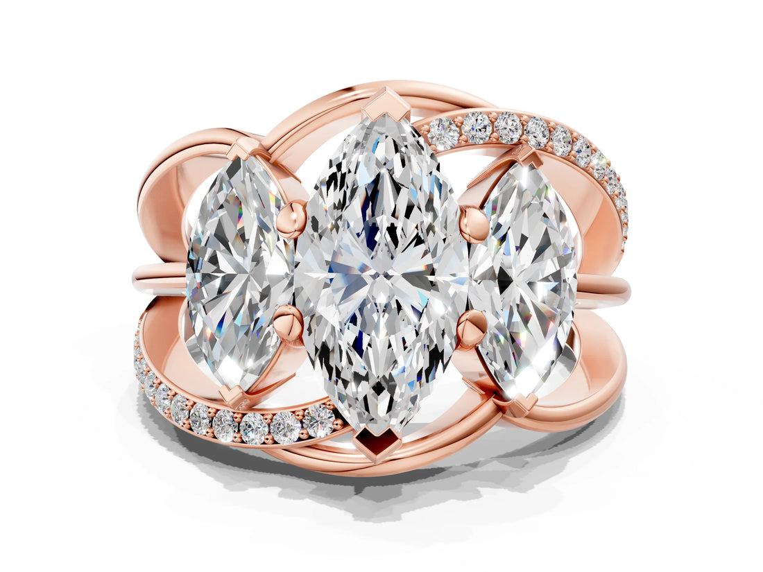 Rose gold Three-Stone Marquise Cut Cut Diamond Split Shank Prong Set Ring_3