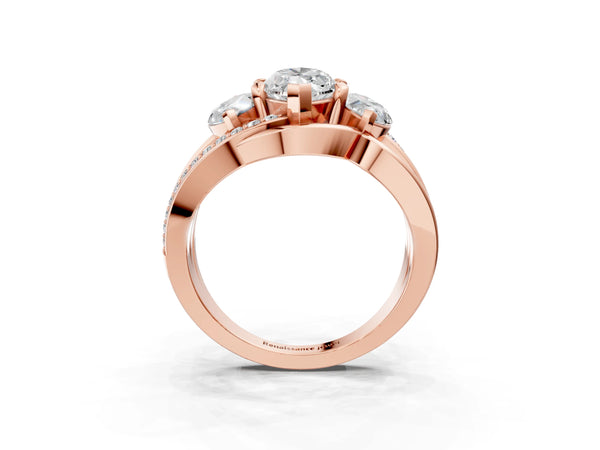 Rose Gold Marquise Three Stone Engagement Ring Setting with Matching Sides and Pave Split Shank
