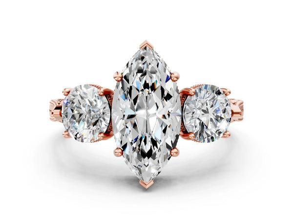 Rose Gold Marquise Vintage Three Stone Engagement Ring Setting