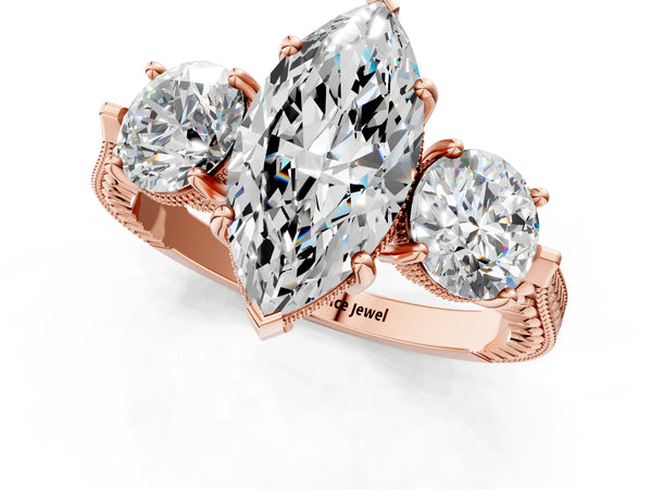 Rose Gold Marquise Vintage Three Stone Engagement Ring Setting