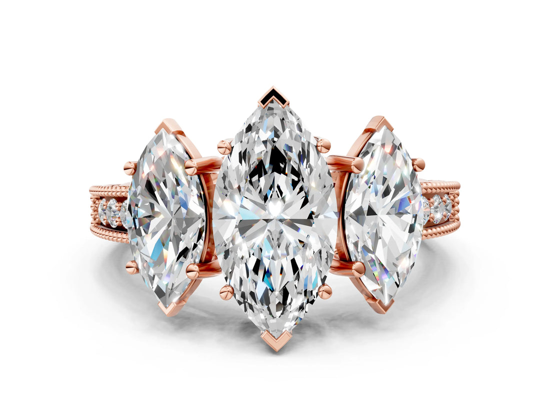 Rose gold Three-Stone Marquise Cut Cut Milgrain Pavé Engagement Ring_7