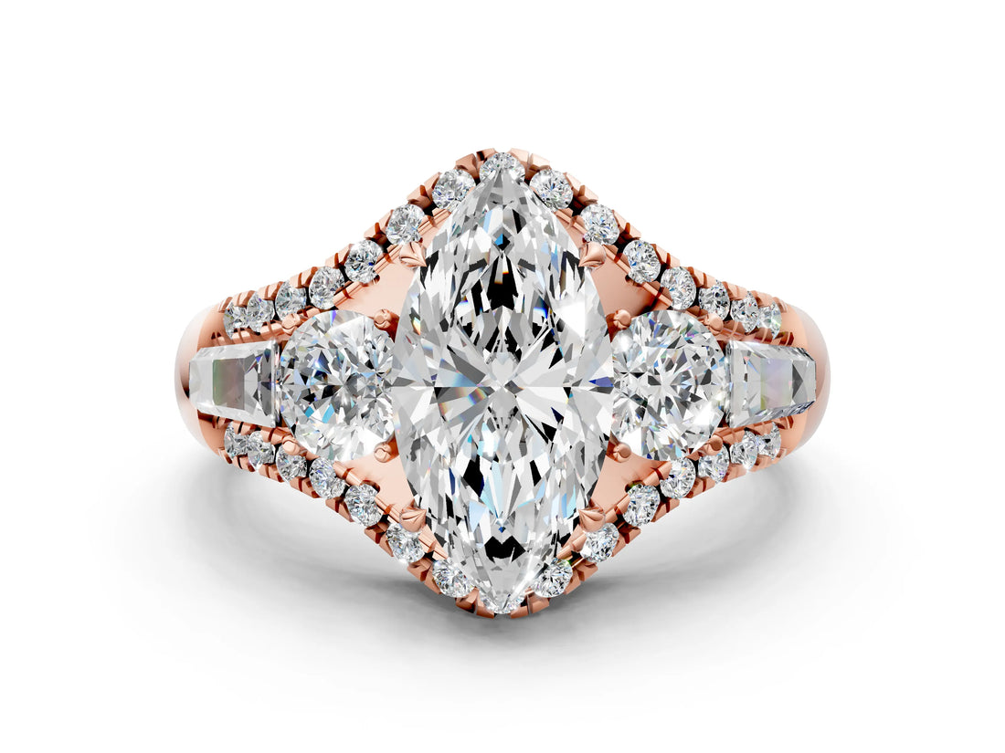 Rose gold Three-Stone Marquise Cut Diamond Engagement Ring with Pave Band and Prong Setting_6