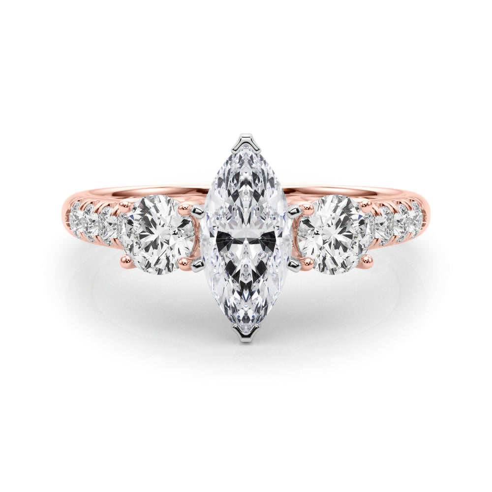 Rose gold Three-Stone Marquise Cut Diamond Pavé Band with Four-Prong Setting 1