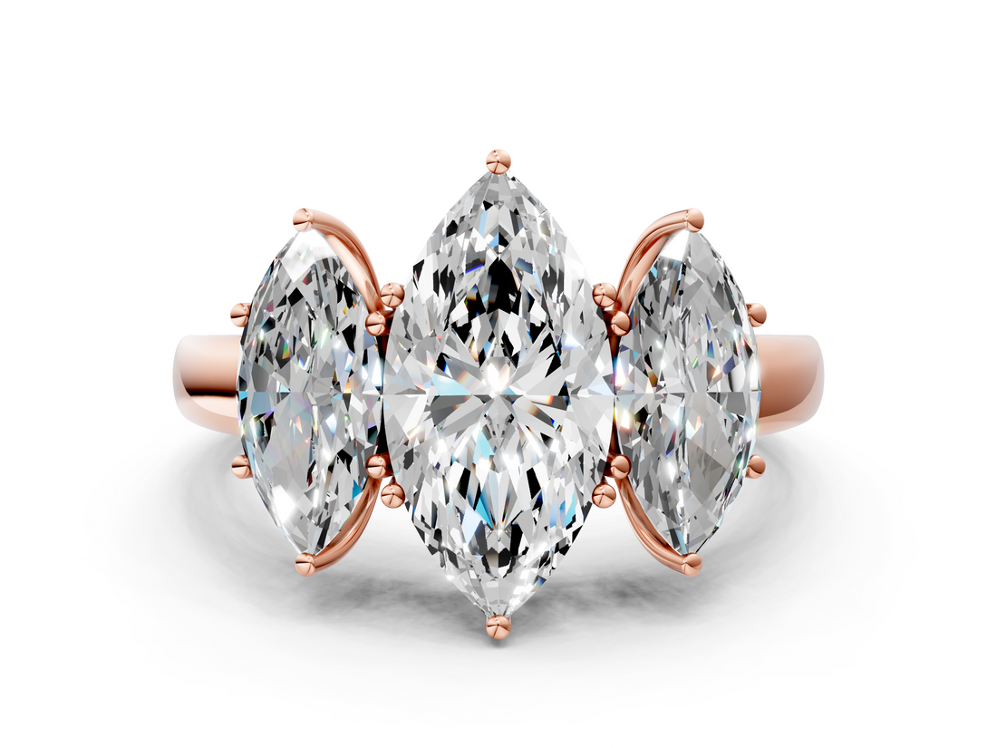 Rose gold Three-Stone Marquise Cut Diamond Ring with Channel-Set Band and Four-Prong Setting_64
