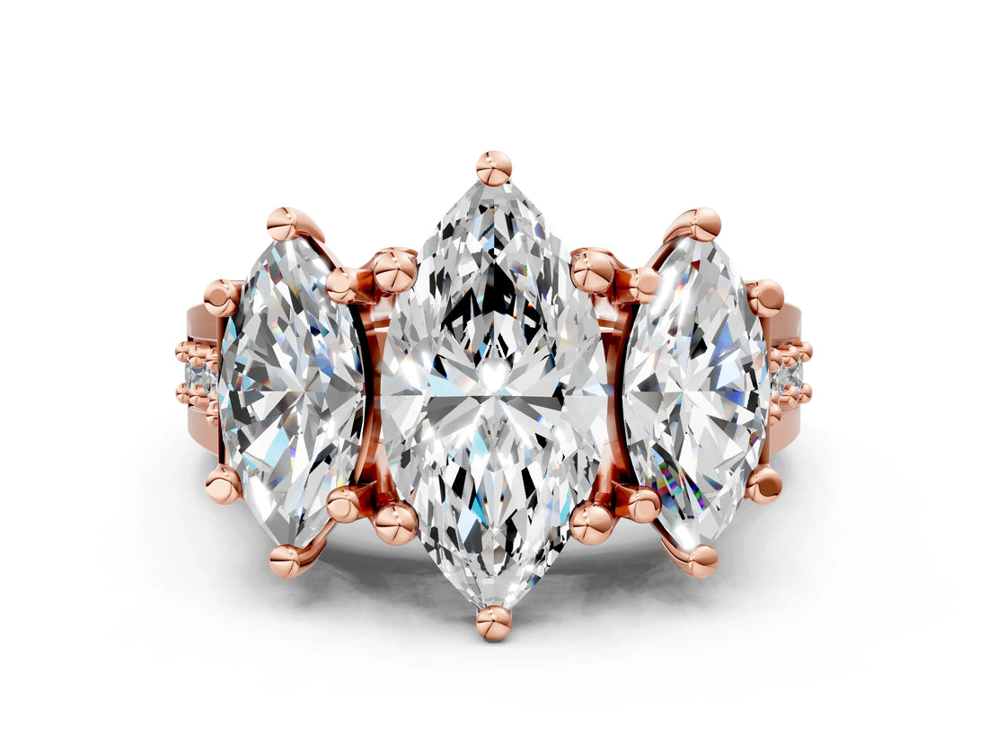 Rose gold Three-Stone Marquise Cut Diamond Ring with Channel-Set Band and Four-Prong Setting_64