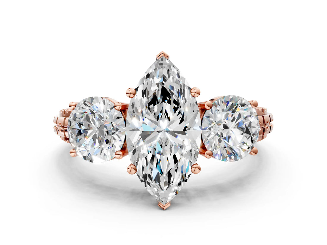 Rose gold Three-Stone Marquise Cut Diamond Ring with Channel-Set Band and Prong Setting_6