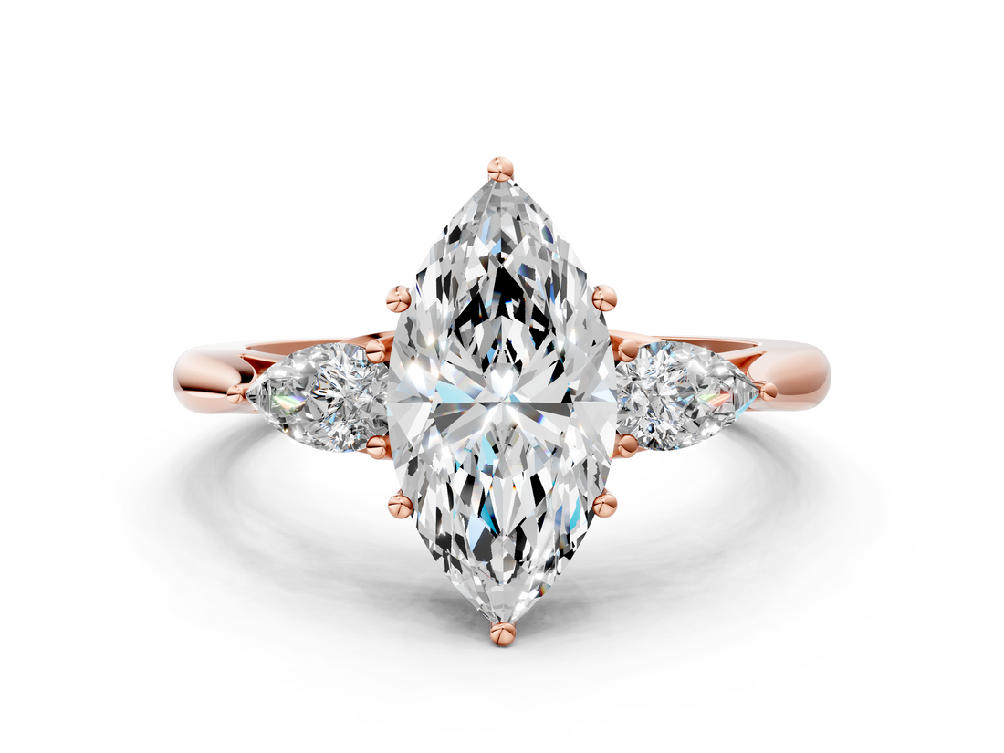 Rose gold Three-Stone Marquise Cut Diamond Ring with Pear Side Stones in Four-Prong Setting_170