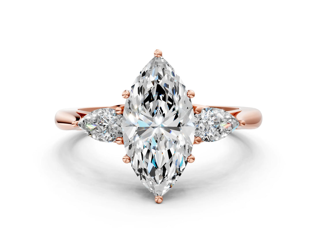 Rose gold Three-Stone Marquise Cut Diamond Ring with Pear  Side Stones in Four-Prong Setting_18