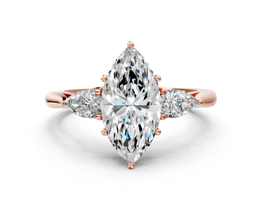 Rose gold Three-Stone Marquise Cut Diamond Ring with Pear  Side Stones in Four-Prong Setting_48